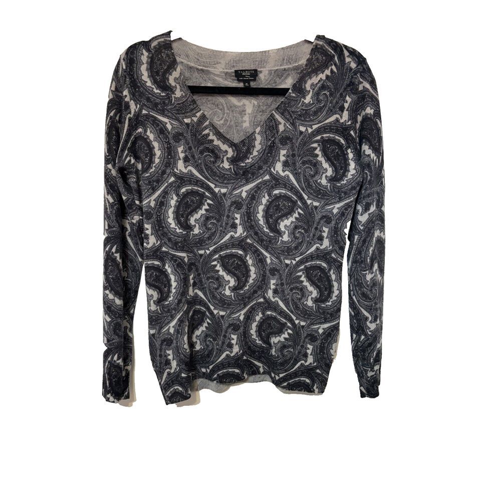 Talbots Womens M Pure Italian Merino Wool Pullover Sweater Paisley V Neck Soft